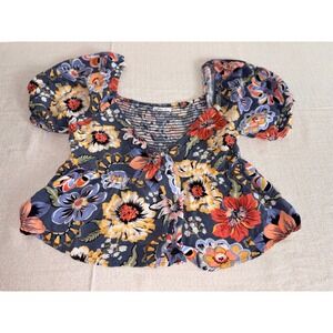 O'Neill Floral Peplum smocked top Medium Blue Orange Excellent Boho Puff Sleeve